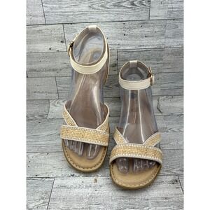 Born Women Sz 6M Beige Woven Raffia Leather Ankle Strap Flat Sandals Comfort